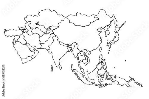 Asia map Outline, Linear Doodle Drawing. for website layouts,background,education, precise,customizable,Travel worldwide,map silhouette backdrop,earth geography, political,reports.