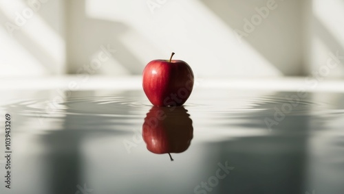 A Single Red Apple with a Reflection on Water. photo