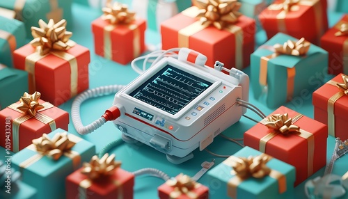Festive scene with an ICU ventilator and gift boxes showcasing health as a precious gift.