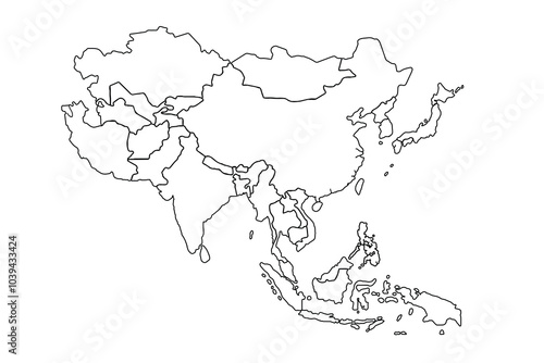 Asia map Outline, Linear Doodle Drawing. for website layouts,background,education, precise,customizable,Travel worldwide,map silhouette backdrop,earth geography, political,reports.