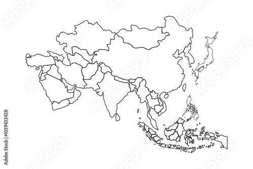 Asia map Outline, Linear Doodle Drawing. for website layouts,background,education, precise,customizable,Travel worldwide,map silhouette backdrop,earth geography, political,reports.