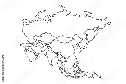 Asia map Outline, Linear Doodle Drawing. for website layouts,background,education, precise,customizable,Travel worldwide,map silhouette backdrop,earth geography, political,reports.