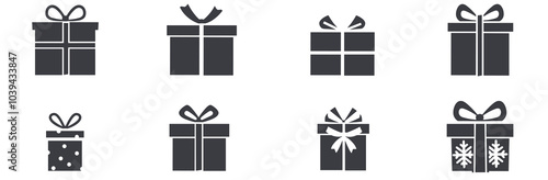 Collection of gift box icons with various decorations and bows in grayscale.