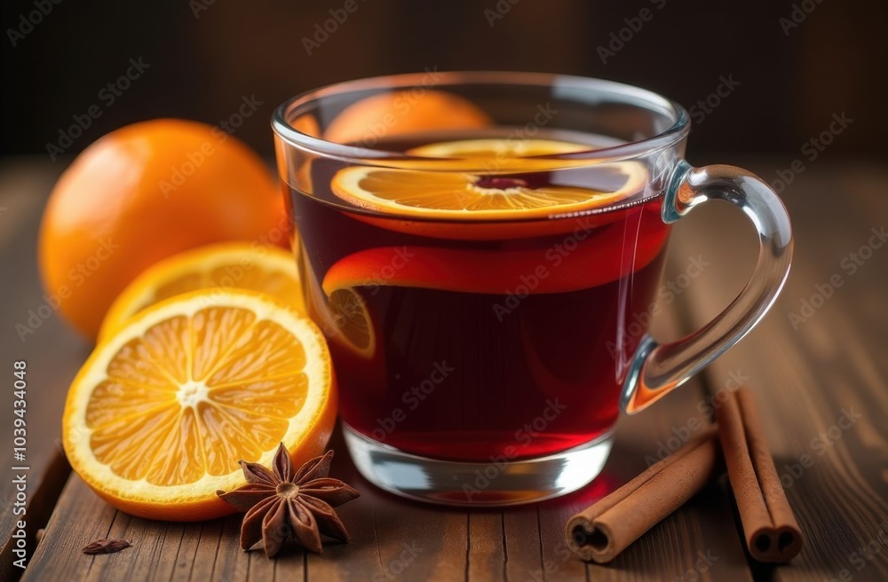 Hot drink in glass cup, with orange slices, cinnamon sticks, star anise nearby, dark wooden background in warm tone Hot drink in glass cup, with orange slices, cinnamon sticks, star anise nearby, dark wooden background in warm tone