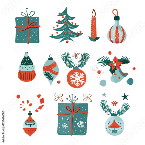 Collection of Christmas icons on white background, New year s eve, Happy New year