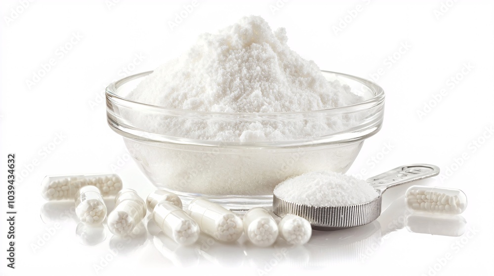 A glass bowl filled with marine collagen powder is elegantly arranged with capsules and a measuring spoon, highlighting its benefits for wellness and beauty. A glass bowl filled with marine collagen powder is elegantly arranged with capsules and a measuring spoon, highlighting its benefits for wellness and beauty.