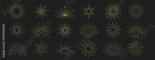 Set of linear boho sunrise logo, golden sunset symbols, light beam or morning sun rays. Hand drawn sunburst, outline sunbeams, sunshine, gold line bohemian design elements. Mystic magic esoteric icons
