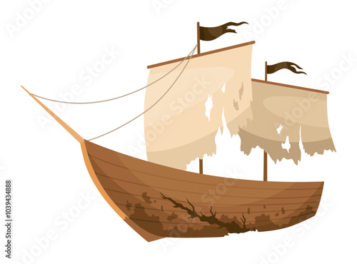 Broken ship icon. Cartoon wooden battered ship with tattered flag and sails after wreck or attack. Destroyed, wreck ship isolated on white background