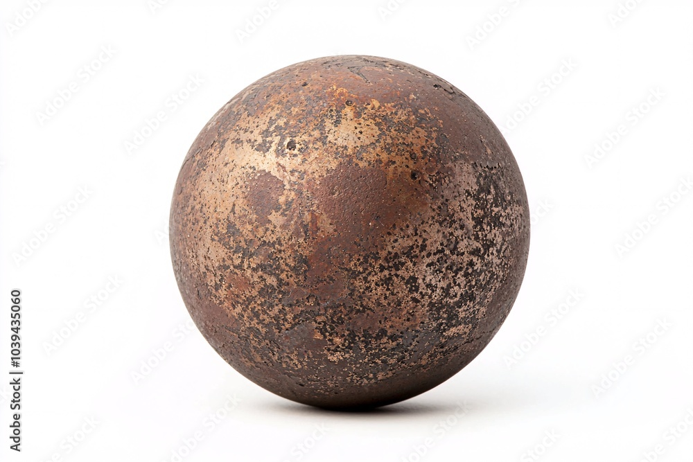 A weathered metallic sphere rests on a white backdrop, embodying the essence of historical reenactment. A weathered metallic sphere rests on a white backdrop, embodying the essence of historical reenactment.