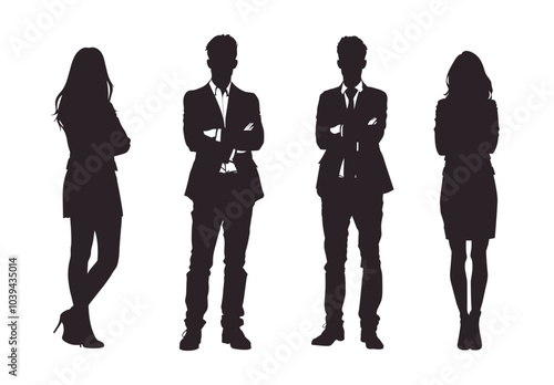Silhouettes of four business professionals standing confidently against a white background.