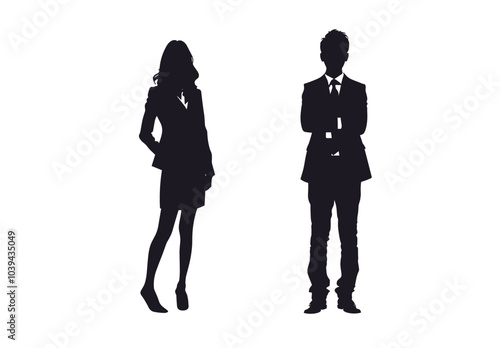 Silhouettes of a businesswoman and businessman standing confidently in formal attire.