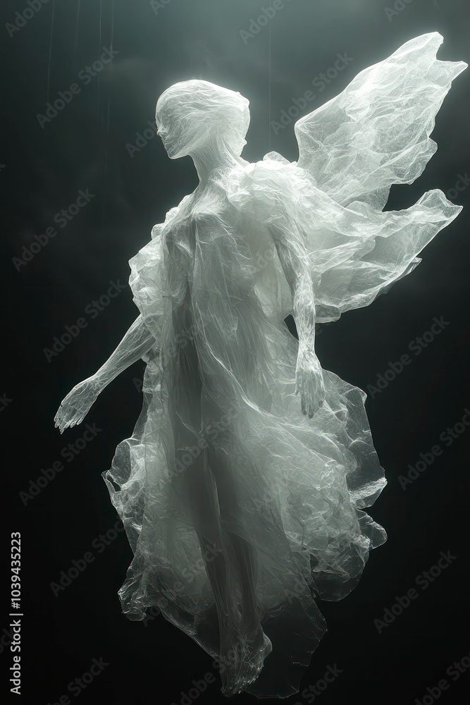 Fototapeta premium christmas angel floating in the air covered with a thin transparent fabric that turns into a thick fog