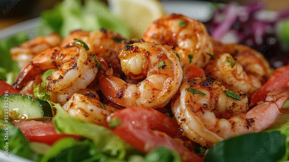 Fresh Cajun shrimp cooked with vegetables served on a plate Fresh Cajun shrimp cooked with vegetables served on a plate