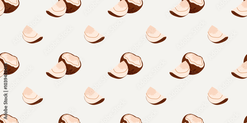 Obraz premium Cartoon coconut seamless pattern. Nuts in shell and peeled piece. Healthy tropical food. Diet snack. Decor textile, wrapping paper, wallpaper design. Print for fabric vector isolated illustration