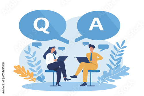 Illustration of a Q&A session with diverse professionals discussing ideas in a modern setting.