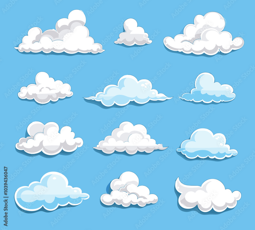 Cartoon style cloud illustrations on a clear blue background showcasing various fluffy shapes. Cartoon style cloud illustrations on a clear blue background showcasing various fluffy shapes.