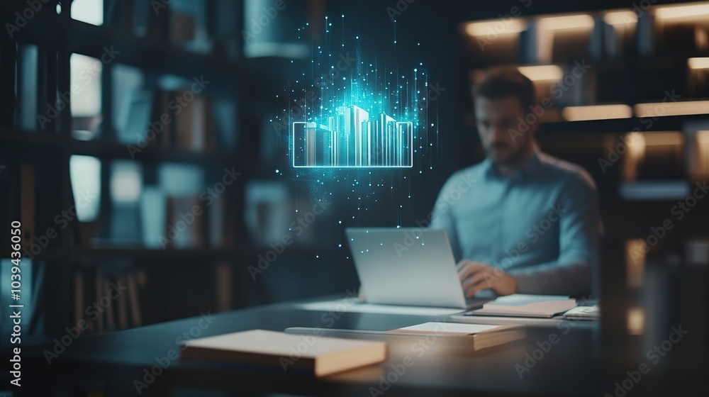 Futuristic holographic city display projection with businessman using laptop in the background Futuristic holographic city display projection with businessman using laptop in the background
