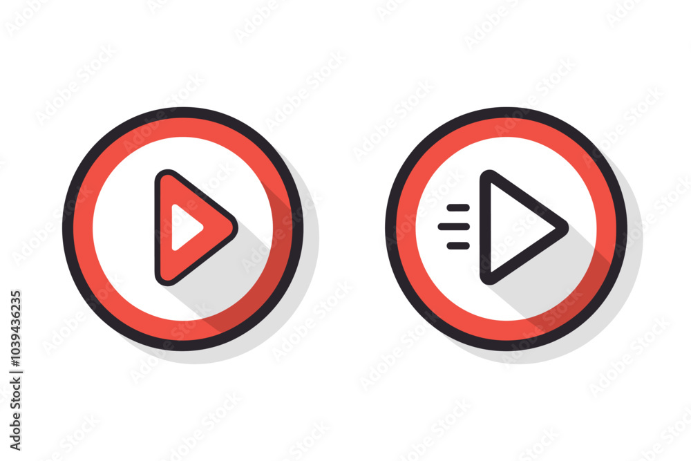 Two red and white play icons, one with speed lines, symbolizing media playback and fast-forward features. Two red and white play icons, one with speed lines, symbolizing media playback and fast-forward features.