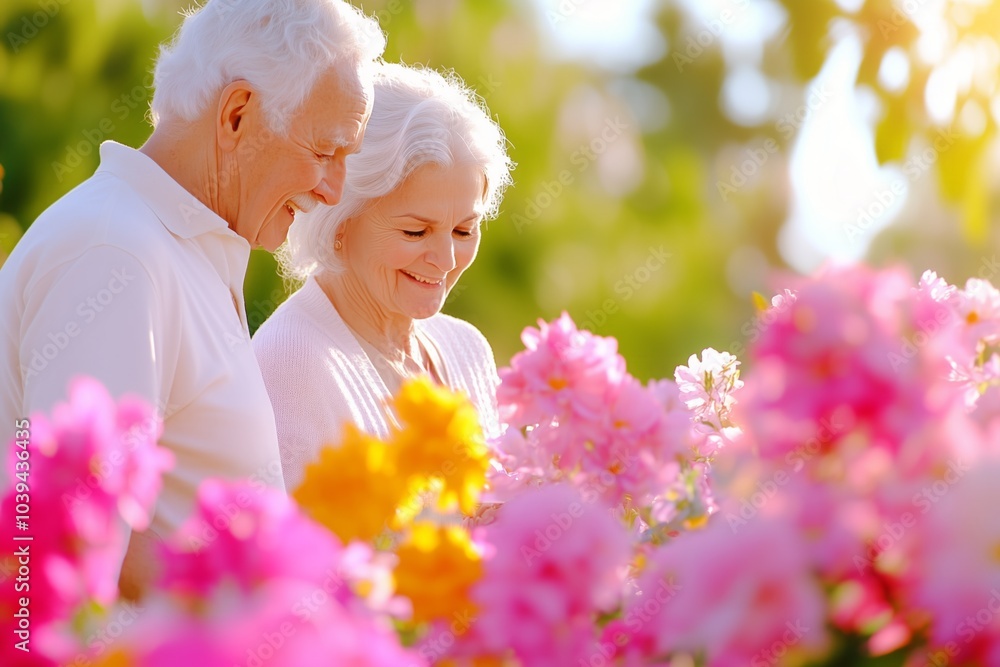 Obraz premium A loving happy elderly couple family in garden in the backyard, colorful flowers, joyful expressions.