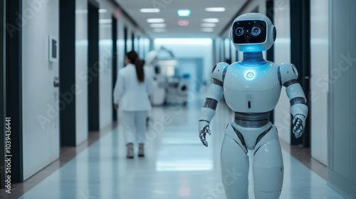 AI-driven healthcare facility, with robot assistants tending to patients