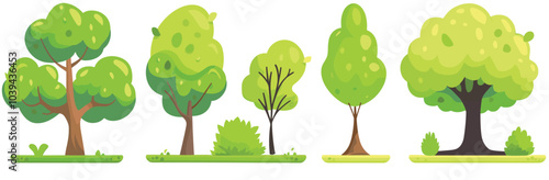 A collection of whimsical cartoon trees with vibrant green canopies.