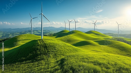 Wind farm on grassy hills, green technology and environment.