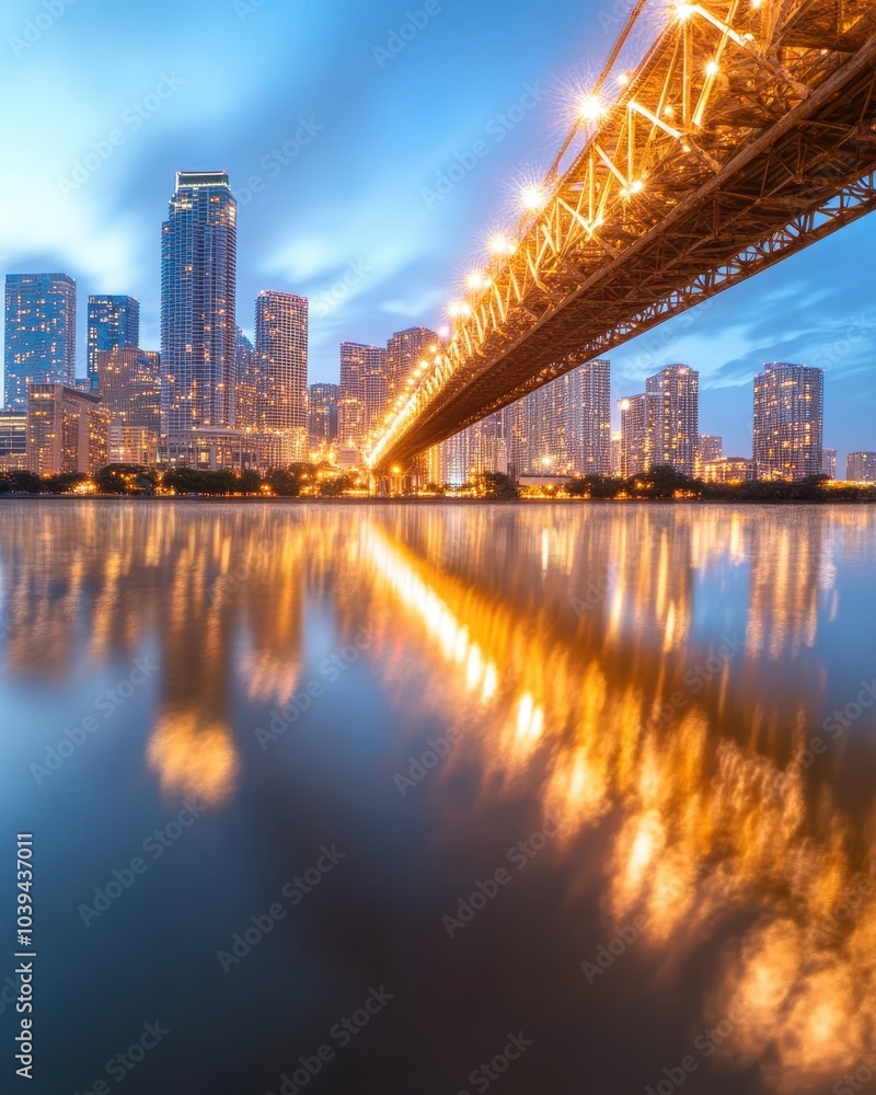 Fototapeta premium City Skyline at Night with Reflection in Water