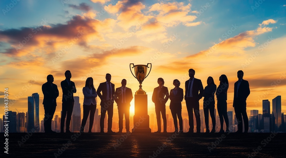 A group of business people standing around the gold trophy, concept success and victory, leadership. A group of business people standing around the gold trophy, concept success and victory, leadership.
