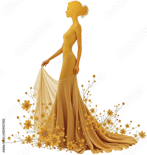 Beautiful princess silhouette in a golden dress The princess is wearing a golden crownisolated on transparent background photo