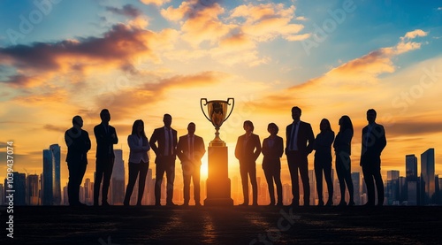 A group of business people standing around the gold trophy, concept success and victory, leadership.