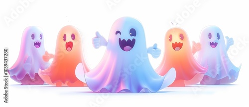 Whimsical ghost characters spreading joy and laughter in a colorful playful style perfect for halloween themes and festivities