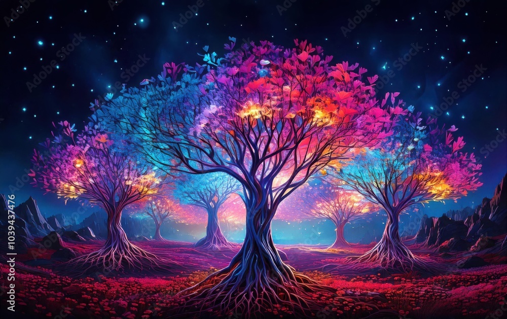 Fototapeta premium A vibrant landscape featuring colorful trees under a starry night sky, blending shades of purple, pink, and blue in a fantastical setting.