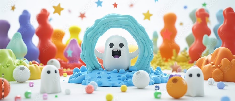 Whimsical ghosts and colorful creatures play in a vibrant world of imagination and joyful exploration Whimsical ghosts and colorful creatures play in a vibrant world of imagination and joyful exploration