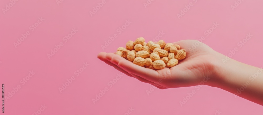 hand holding a small pile of shelled peanuts against a bright, solid-colored background hand holding a small pile of shelled peanuts against a bright, solid-colored background