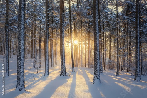 Serene winter forest at sunrise with snow-covered trees casting long shadows and sunlight piercing through.