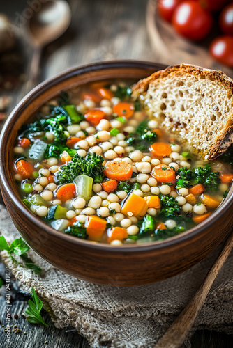 Homemade vegetable soup with fresh ingredients, perfect for healthy eating and a comforting meal on cold days. A hearty vegetarian dish with potatoes, carrots, peas, and herbs, ideal for a wholesome d photo