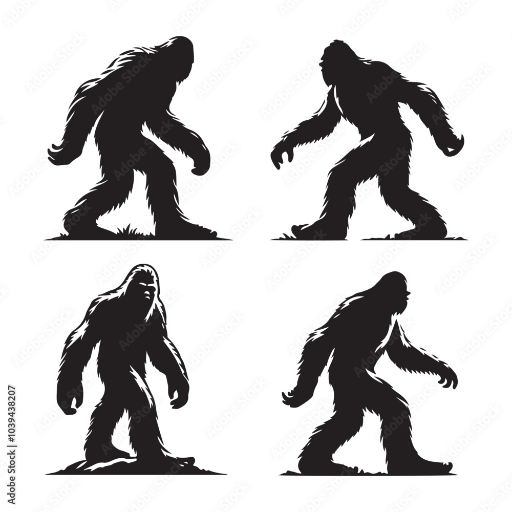 Set of sasquatch silhouettes isolated on a white background, Vector illustration. Set of sasquatch silhouettes isolated on a white background, Vector illustration.