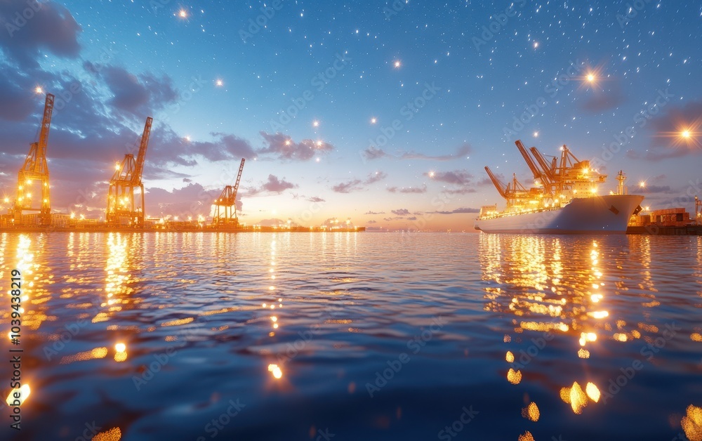 Obraz premium Nighttime Harbor Scene with Cranes and Reflections