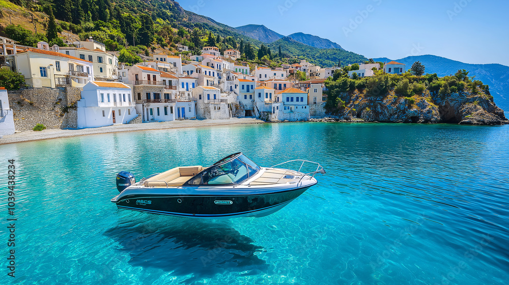 Fototapeta premium Motorboat Floating in Crystal Clear Water with Greek White Buildings in the Background