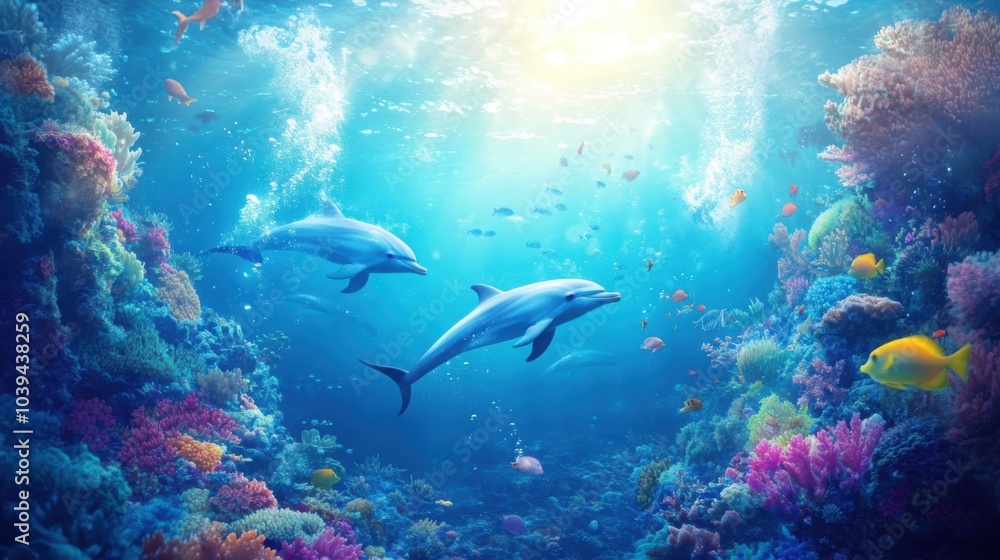 A diver underwater in Hawaii, swimming closely with a pod of dolphins, surrounded by colorful coral reefs and tropical fish A diver underwater in Hawaii, swimming closely with a pod of dolphins, surrounded by colorful coral reefs and tropical fish