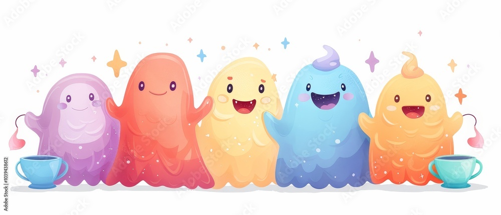 Cute Colorful Ghost Characters with Cheerful Expressions Cute Colorful Ghost Characters with Cheerful Expressions