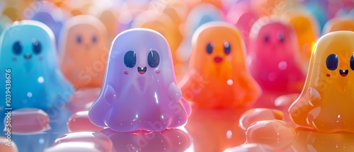 Vibrant and playful ghosts a colorful collection of adorable jelly-like characters in a dreamy setting