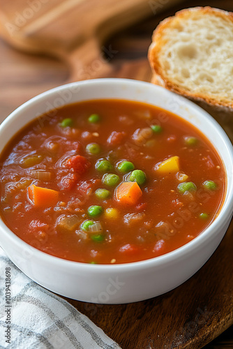 Homemade vegetable soup with fresh ingredients, perfect for healthy eating and a comforting meal on cold days. A hearty vegetarian dish with potatoes, carrots, peas, and herbs, ideal for a wholesome d photo