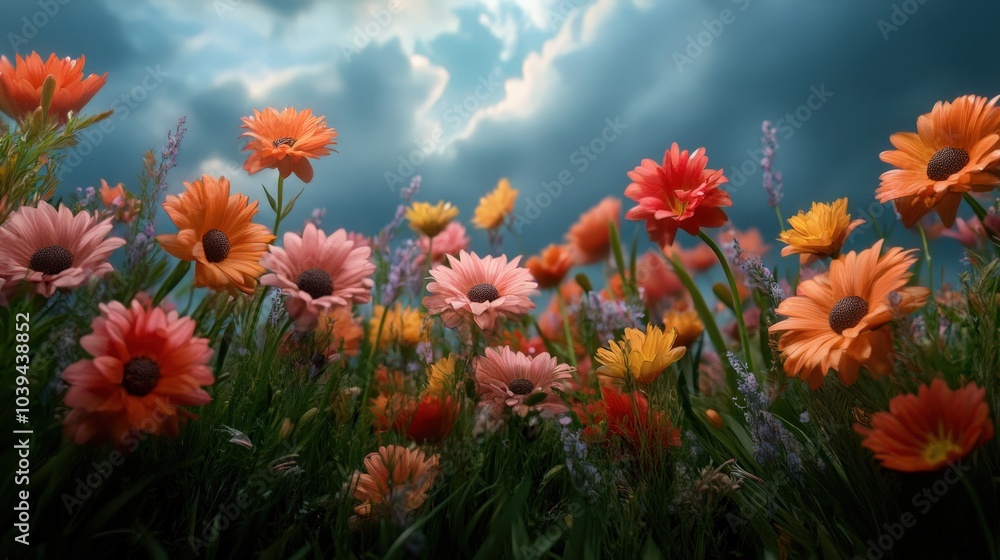 Vibrant field of colorful daisy flowers against a stormy sky Vibrant field of colorful daisy flowers against a stormy sky