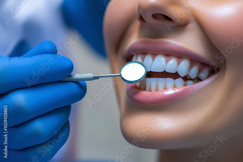 Smiling woman getting her teeth checked during dental appointment at dentist's office. Dental treatment concept.