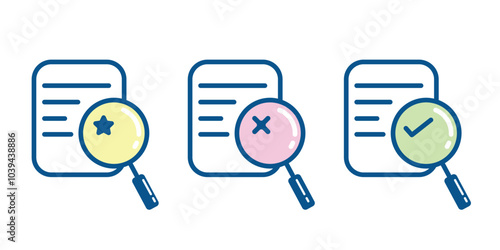 Document searching icon set, Paper with magnifying glass icon, 