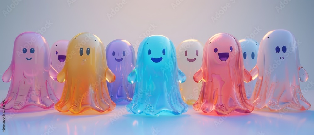 A colorful gathering of playful ghosts vibrant and cheerful jelly-like spirits bring joy and whimsy to any setting A colorful gathering of playful ghosts vibrant and cheerful jelly-like spirits bring joy and whimsy to any setting