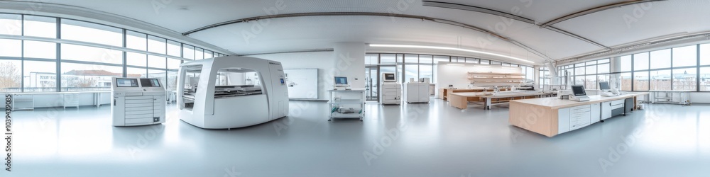 white laboratory with an electronic printing machine, computer, and other equipment on tables. white laboratory with an electronic printing machine, computer, and other equipment on tables.