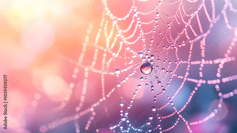 A tranquil illustration of a morning dew on a spider's web, with tiny droplets glistening in the first rays of sunlight and creating a delicate, natural masterpiece A tranquil illustration of a morning dew on a spider's web, with tiny droplets glistening in the first rays of sunlight and creating a delicate, natural masterpiece