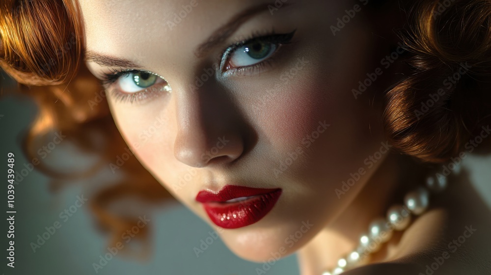 Fototapeta premium A woman dressed in classic Old Hollywood glamour, with elegant curls and a pearl necklace, but with modern makeup styles and vibrant colors